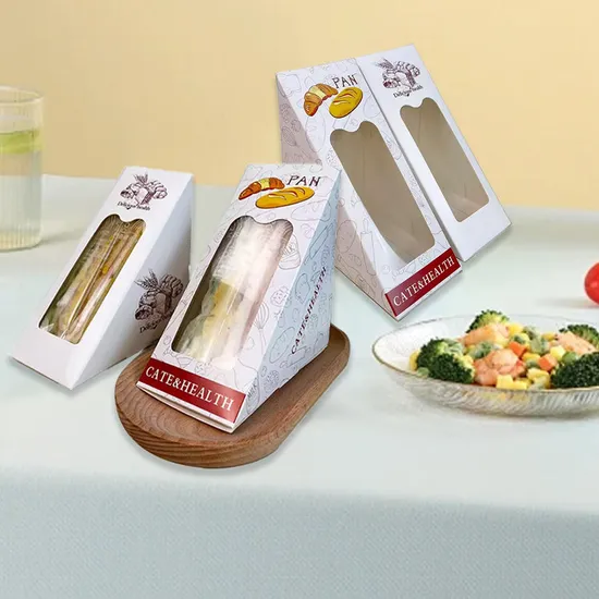 Packaging Boxes with Window Triangle Shape Disposable Paper Sandwich Packaging Box with Window