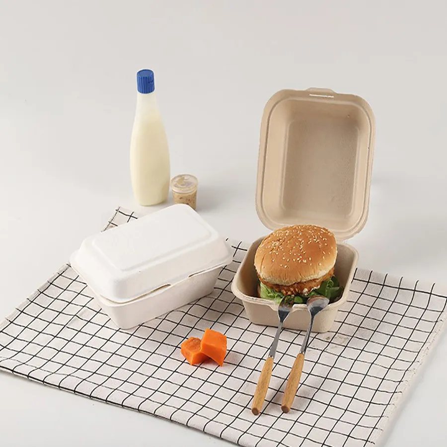 Custom Biodegradable Sugarcane Bagasse Microwaveable Clamshell 6X6 8X8 9X9 9X6 Inch Mealfood Packaqing Container Lunch Box