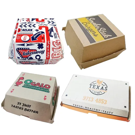 Eco Friendly Brand Design Takeaway Fast Food Packaging Burger Box Square Kraft Corrugated Paper Burger Hamburger Box
