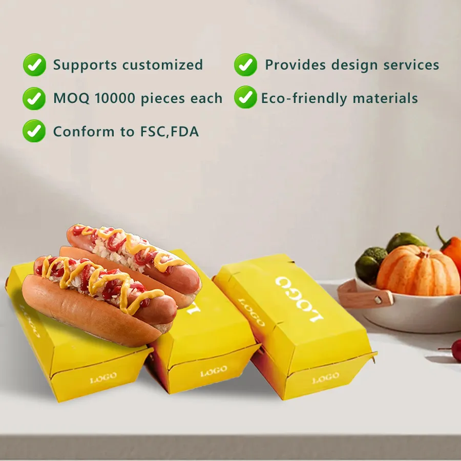 Custom Logo Corrugated Paper Food Grade Fast Food Hot Dog Box Long Clamshell Burger Box Paper Food Container Sandwich Packaging