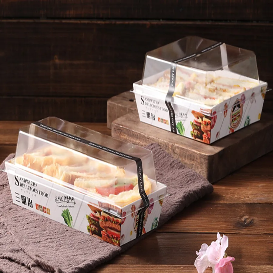 Wholesale Custom Food Grade Kraft Sandwich Packaging Box with Clear Pet Lid Sandwich Wrapping Box