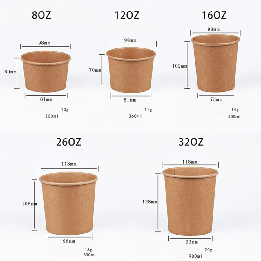 Wholesale Food Grade Disposable Eco-Friendly Customized Printing PE Coating Soup Cup Kraft Cardboard Paper Salad Food Packaging Bowl with Pet Lid