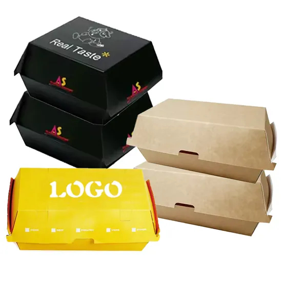 Wholesale Customized Food Grade Disposable Takeaway Fast Food Meal Lunch Printing Size Logo Kraft White Card Paper Packaging Burger Box
