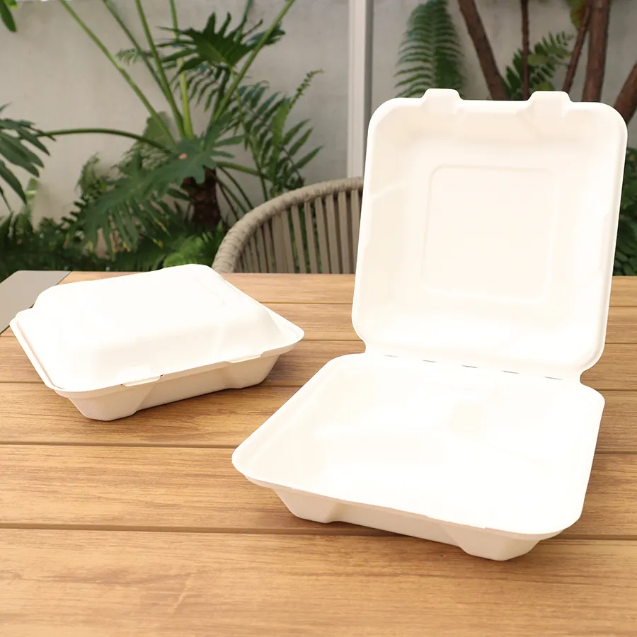 Factory Cheap Customized Printing Greaseproof and Microwavable Ecofriendly Disposable Food Containers Biodegradable Food Packing Bagasse Clamshell Hamburger Box