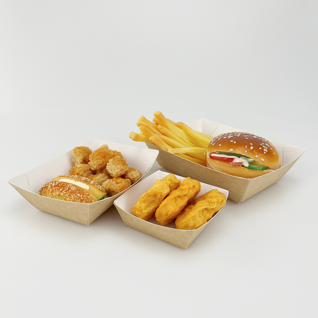 Custom Food Grade Safe Boat Boxes Disposable Fried Chicken Chip Snack Tray Food High Quality Customized Logo Lunch Kraft Card Tray
