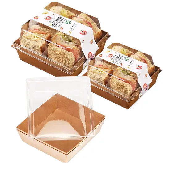 Custom Bakery Dessert Cookie Macaron White & Brown Charcuterie Pastry Paper Packaging Cake Sandwich Paper Box with Clear Lids Sandwich Box