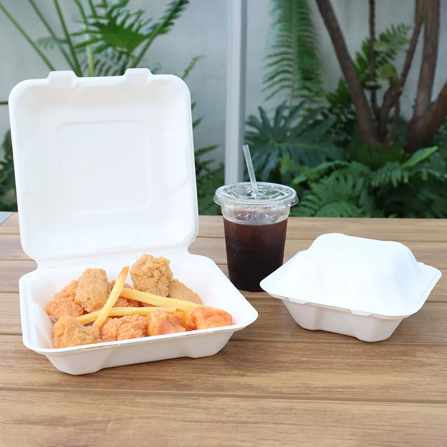 Custom Biodegradable Sugarcane Bagasse Microwaveable Clamshell 6X6 8X8 9X9 9X6 Inch Mealfood Packaqing Container Lunch Box