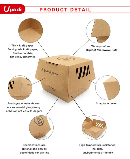 Custom Eco Fast Food Hamburger Takeaway Biodegradable Kraft Box Disposable Printed