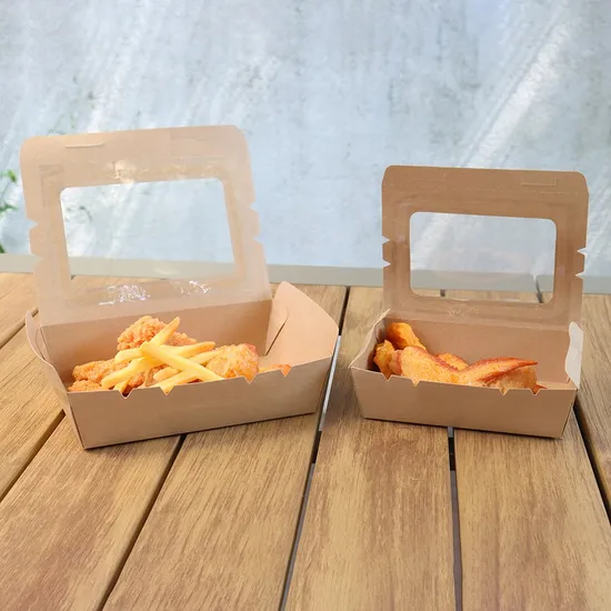 Wholesale Customized Logo Food Grade Takeaway Sushi Fried Chicken Chips Burger Container Eco-Friendly Disposable Kraft Paper Food Box with Window