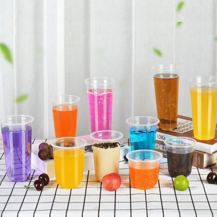 Factory Wholesale Eco-Friendly Disposable Custom Juice Cup Plastic Storage Packaging Bubble Milk Tea Juice Disposable Clear Plastic Cold Drink Cup with Lid