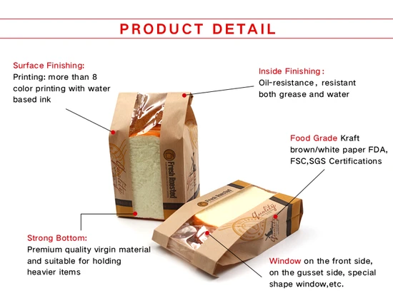 Factory Wholesale Customized Transparent Window Kraft Envelope Paper Pouch Baguette Bread Snack Fried Chicken Chip Food Packaging Bag with Portable Handle