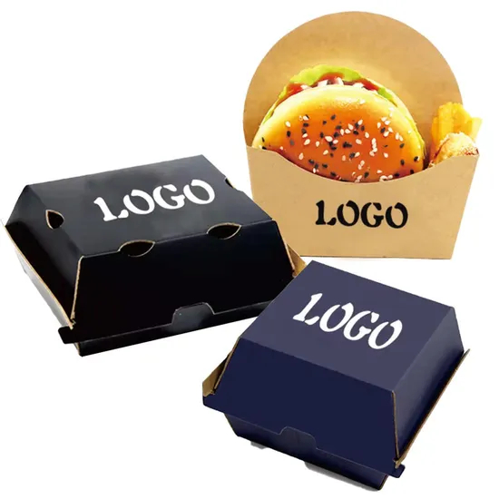 Factory Wholesale Biodegradable Food Grade Disposable Takeaway Lunch Fries Hamburger Box Packaging Custom Print Logo Delivery Cardboard Paper Burger Box