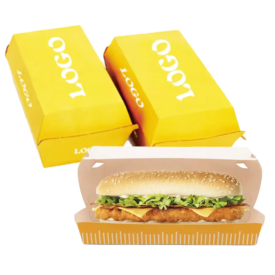 Custom Logo Corrugated Paper Food Grade Fast Food Hot Dog Box Long Clamshell Burger Box Paper Food Container Sandwich Packaging