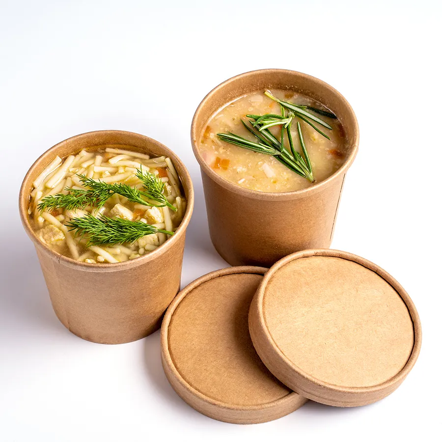 Wholesale Food Grade Disposable Eco-Friendly Customized Printing PE Coating Soup Cup Kraft Cardboard Paper Salad Food Packaging Bowl with Pet Lid