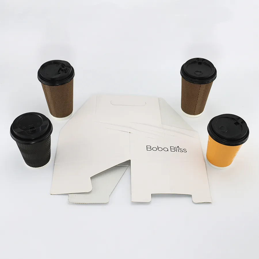Factory Wholesale Custom Multi-Compartment Corrugated Board Coffee Paper Cup Holder Kraft Cardboard Carrier with Gold Foil Printing for Food Use with Handle