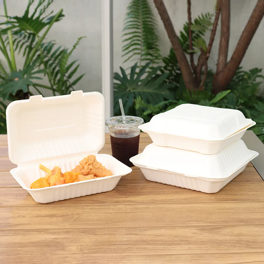 Factory Cheap Customized Printing Greaseproof and Microwavable Ecofriendly Disposable Food Containers Biodegradable Food Packing Bagasse Clamshell Hamburger Box
