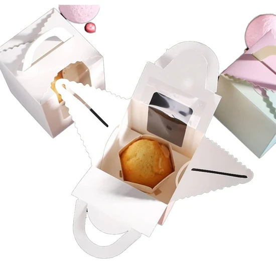 Factory Customized Printed Logo Food Grade Paper Doughnut Wholesale Size Disposable Bakery Packaging Macaron Cake Packaging Cardboard Box with Portable Handle