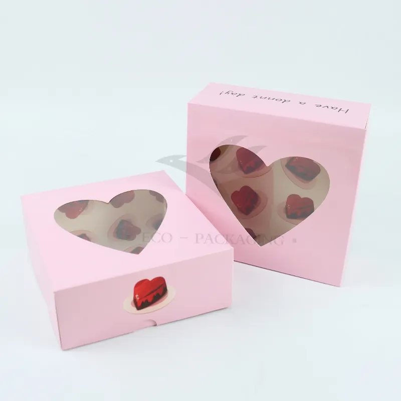 Factory Wholesale Cheap Personalized Luxury Heart-Shaped Window Customized Printed Food Grade Disposable Packaging Macaron Cake Doughnut Sweet Cardboard Box