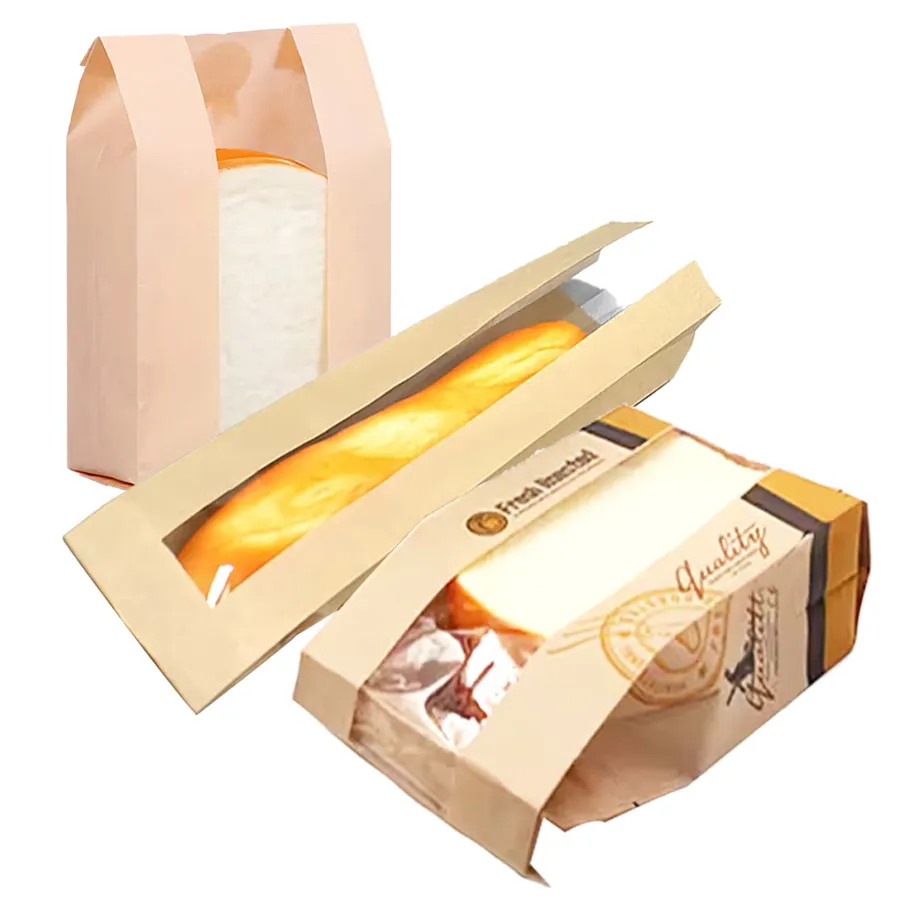 High Quality Oil-Proof Design Printed Wrapping Kraft Paper Custom Baked Toast Bread Bag with Transparent Plastic Window