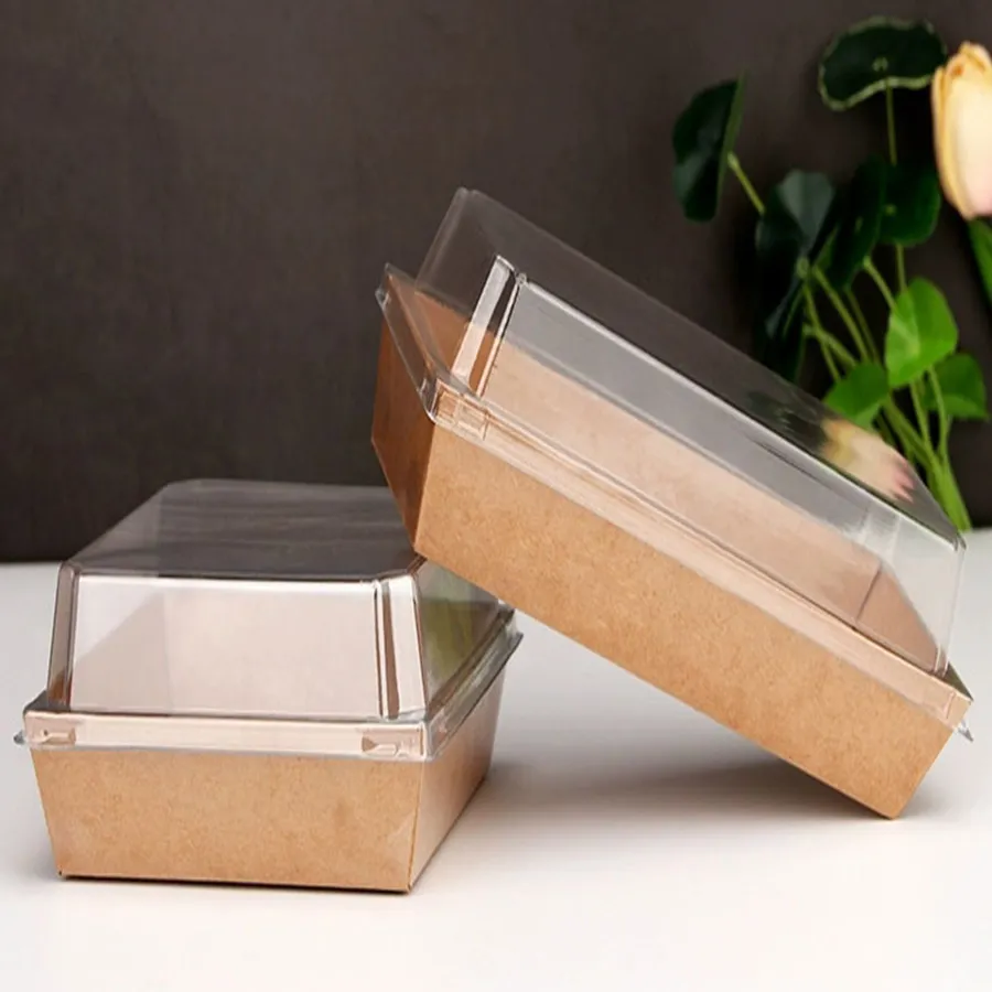 Wholesale Custom Food Grade Kraft Sandwich Packaging Box with Clear Pet Lid Sandwich Wrapping Box
