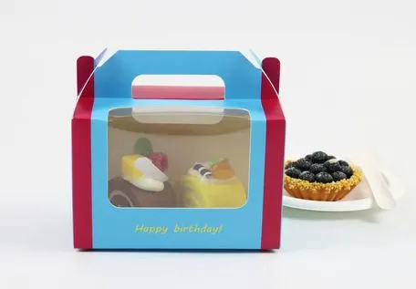 Factory Cheap Custom Transparent Window Printed Logo Size Food Grade Doughnut Wholesale Disposable Bakery Packaging Macaron Cake Cardboard Paper Box with Handle