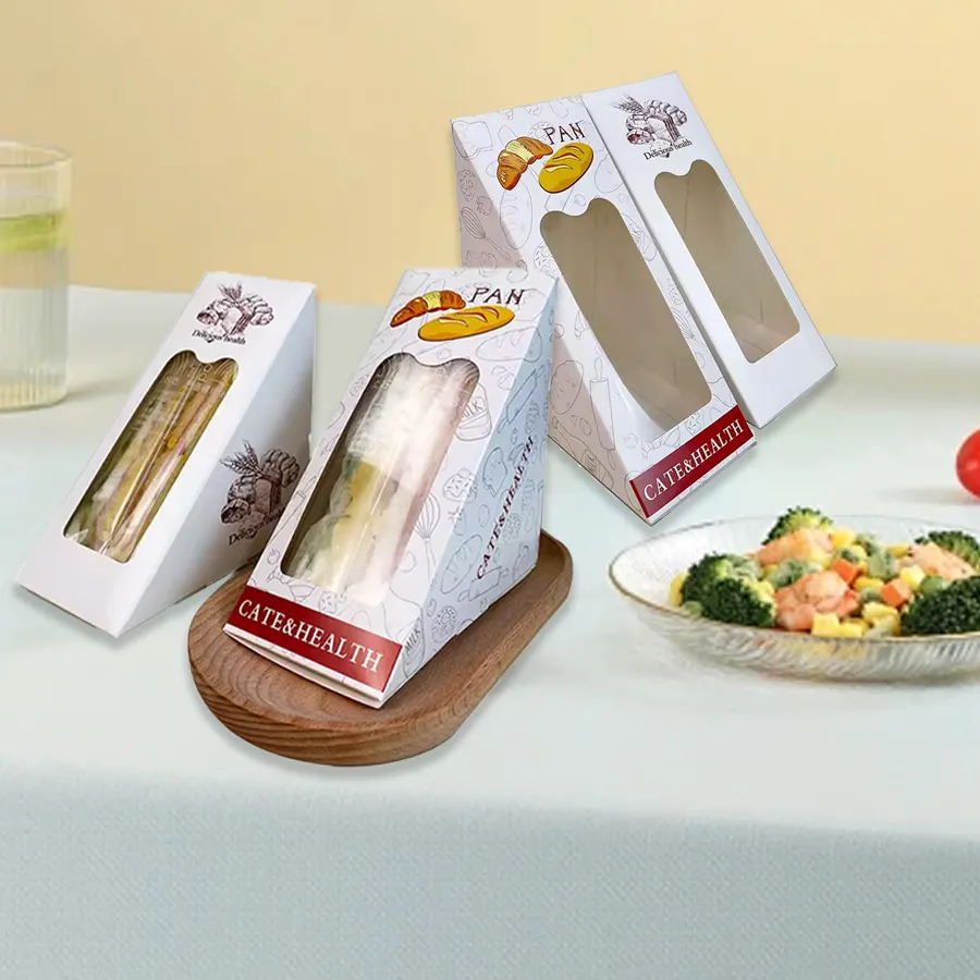 Packaging Boxes with Window Triangle Shape Disposable Paper Sandwich Packaging Box with Window