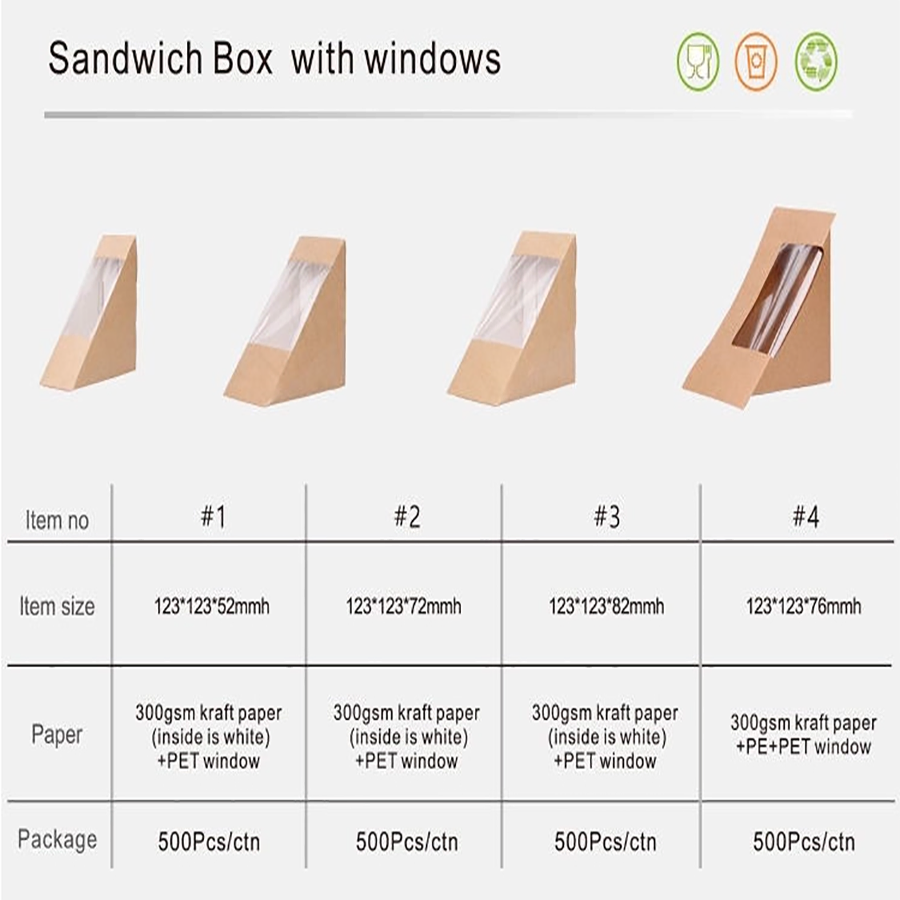 Packaging Boxes with Window Triangle Shape Disposable Paper Sandwich Packaging Box with Window