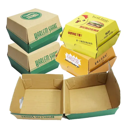 Eco Friendly Brand Design Takeaway Fast Food Packaging Burger Box Square Kraft Corrugated Paper Burger Hamburger Box