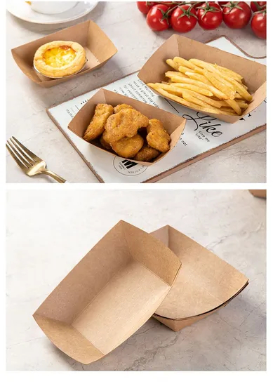 Custom Food Grade Safe Boat Boxes Disposable Fried Chicken Chip Snack Tray Food High Quality Customized Logo Lunch Kraft Card Tray