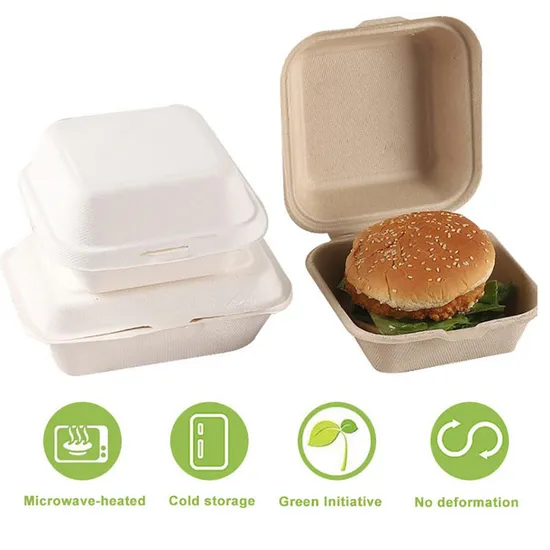Biodegradable Takeaway Sugarcane Bagasse Clamshell 6X6 Inch Burger Hamburger Box Food Container Box