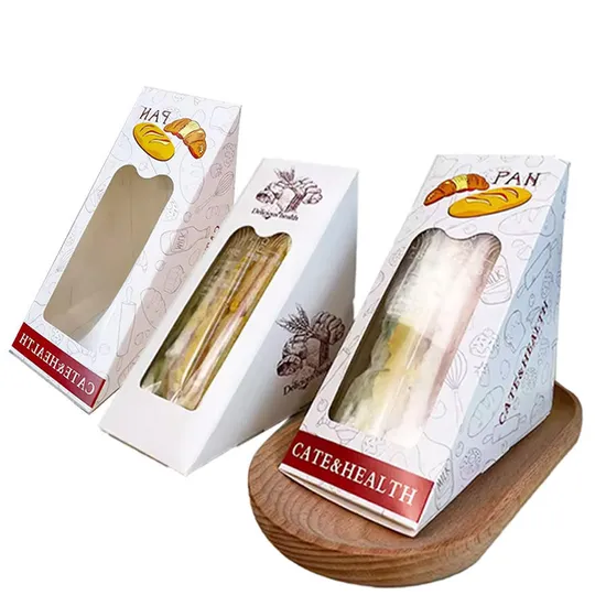 Packaging Boxes with Window Triangle Shape Disposable Paper Sandwich Packaging Box with Window