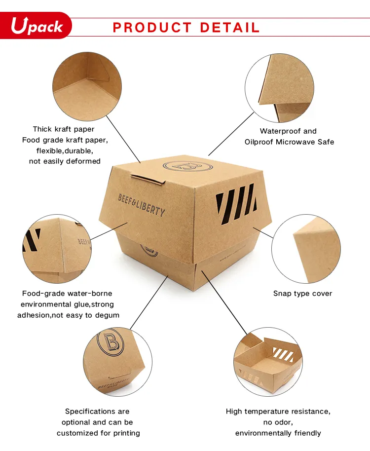 Custom Eco Fast Food Hamburger Takeaway Biodegradable Kraft Box Disposable Printed