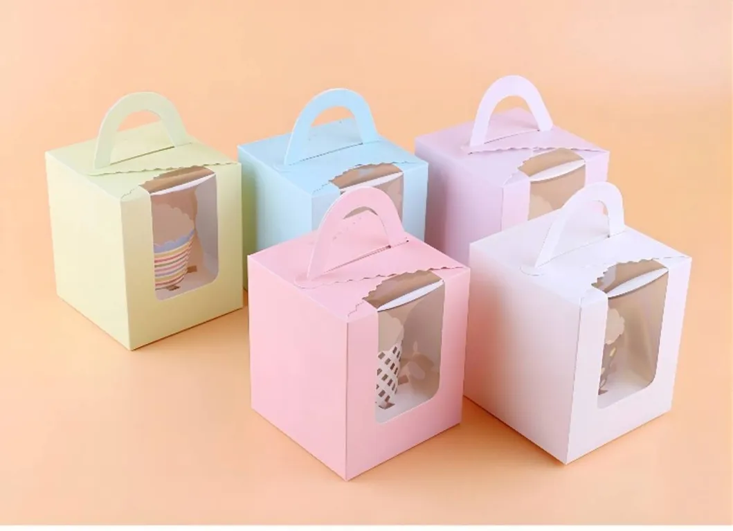 Cup Cake Box with Transparent Window White Cardboard Cake Box Colorful Paper Cake Box
