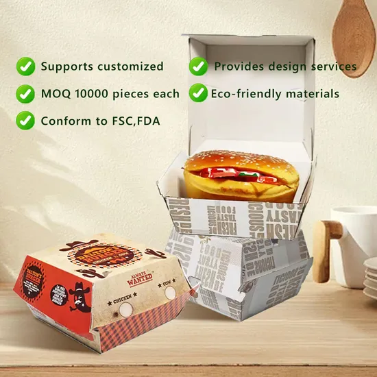 Burger Box Custom Disposable Food Grade Cardboard Hamburger Packaging Paper Burger Box