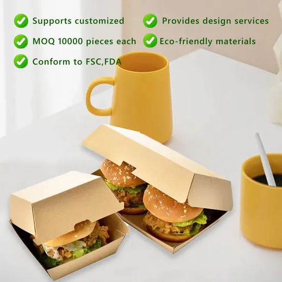 Eco Friendly Brand Design Takeaway Fast Food Packaging Burger Box Square Kraft Corrugated Paper Burger Hamburger Box