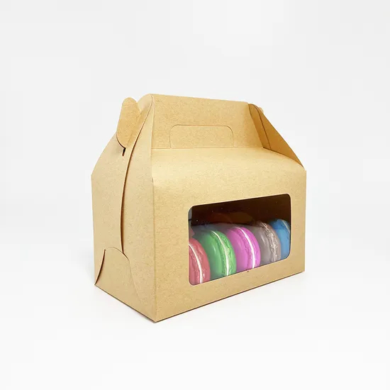Factory Cheap Custom Printed Logo Food Grade Kraft Cardboard Paper Degradable Wholesale Disposable Transparent Window Packaging Doughnut Cake Box with Handle