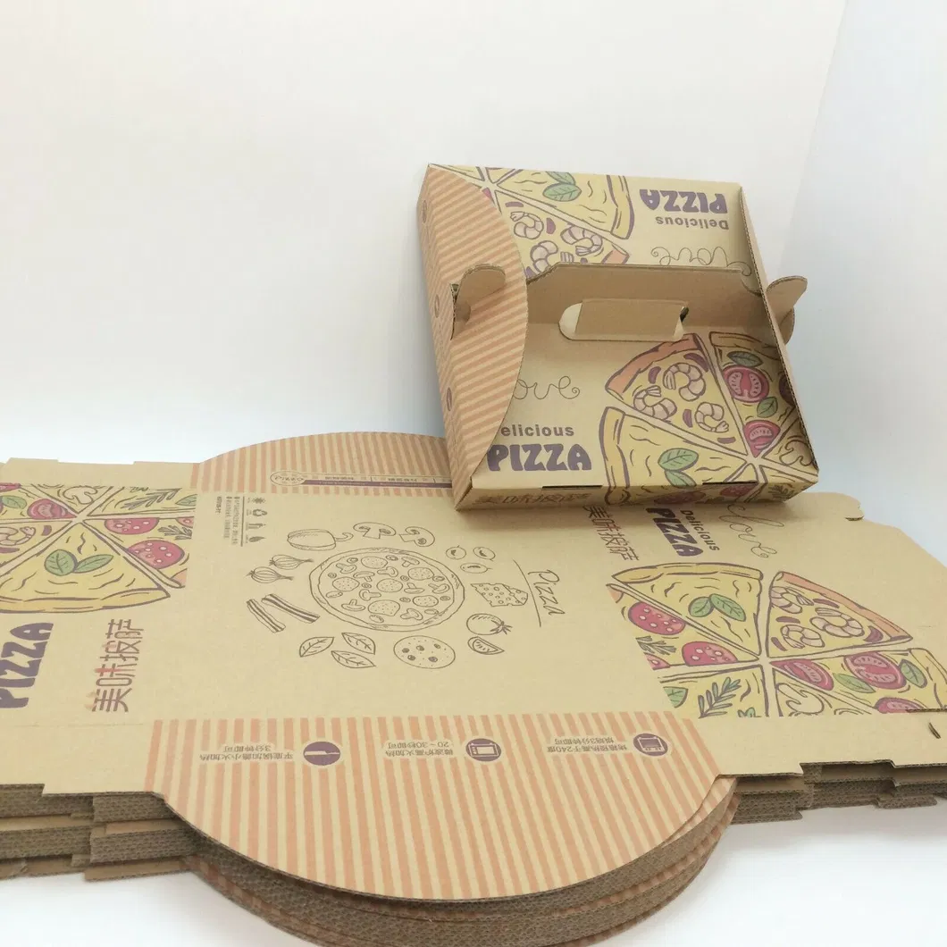 Factory Customized Portable Food Grade Safe Personalized Disposable Wholesale Printing Corrugated Kraft Paper Pizza Box with Handle