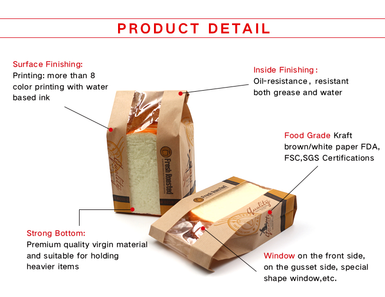 Factory Wholesale Customized Transparent Window Kraft Envelope Paper Pouch Baguette Bread Snack Fried Chicken Chip Food Packaging Bag with Portable Handle