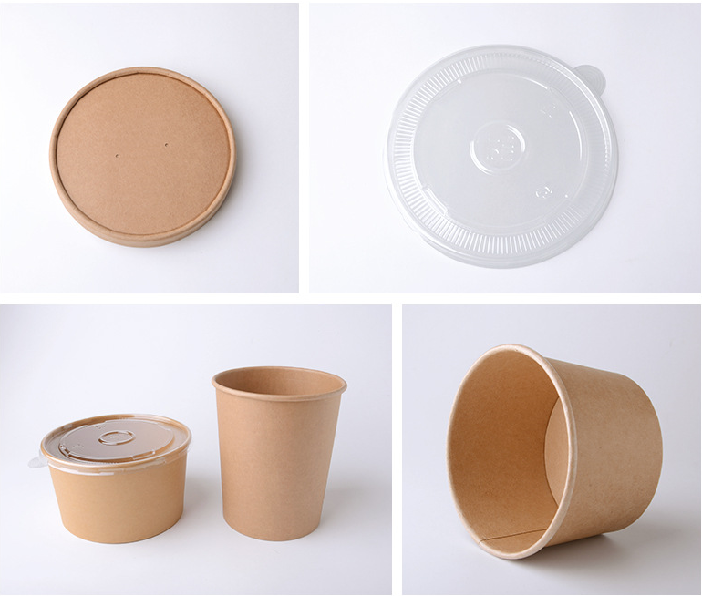 Cheap Wholesale Disposable Food Grade Eco-Friendly Customized Printing Kraft Paper Bagasse Food Salad Packaging Container Bowl Coating Soup Cup with Lid