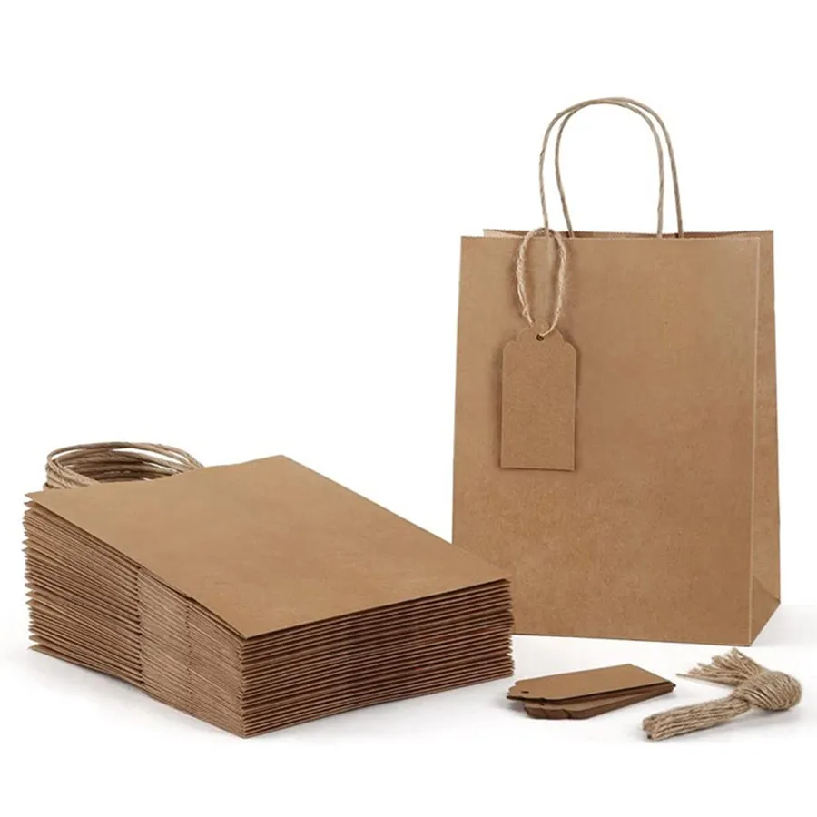Custom Printed Biodegradable Gift Shopping Bags with Handle, Packaging Brown Kraft Paper Bag