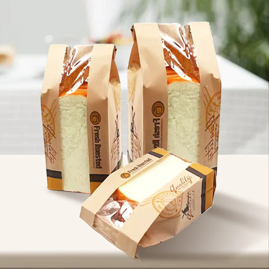 High Quality Oil-Proof Design Printed Wrapping Kraft Paper Custom Baked Toast Bread Bag with Transparent Plastic Window
