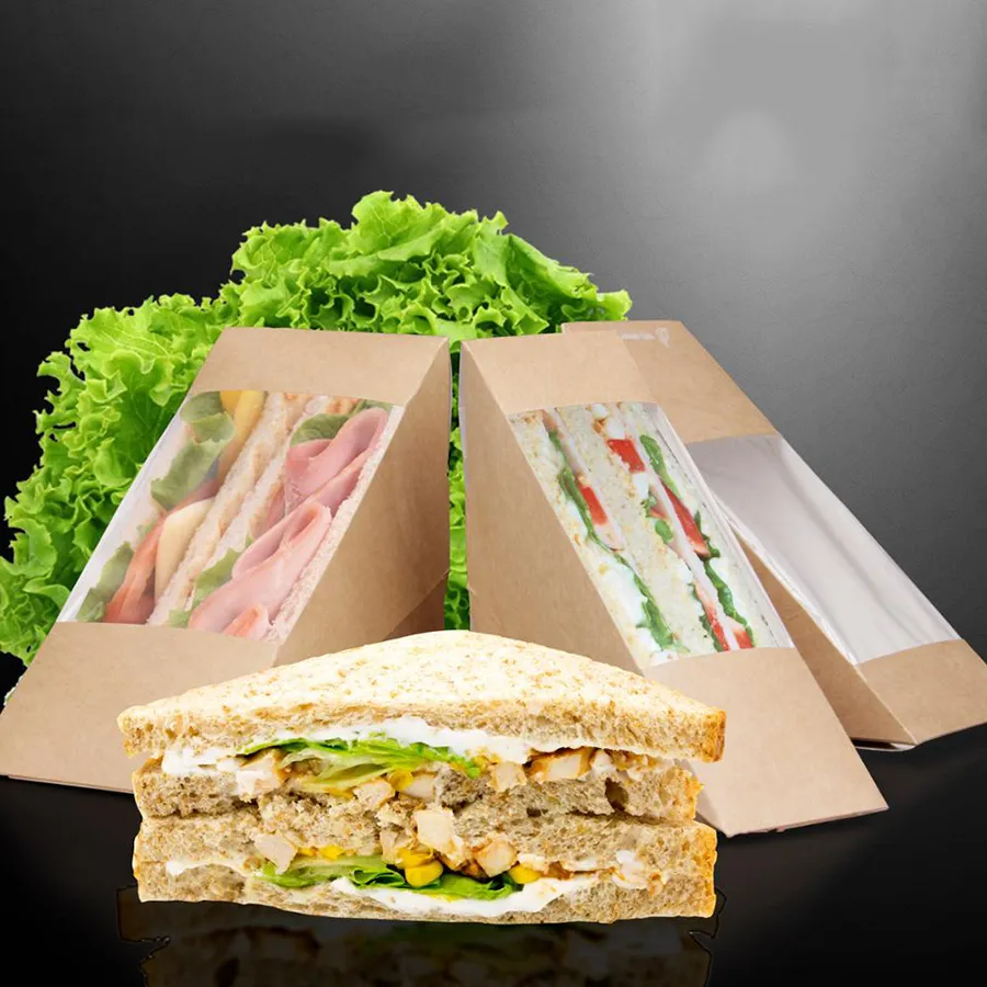 Packaging Boxes with Window Triangle Shape Disposable Paper Sandwich Packaging Box with Window
