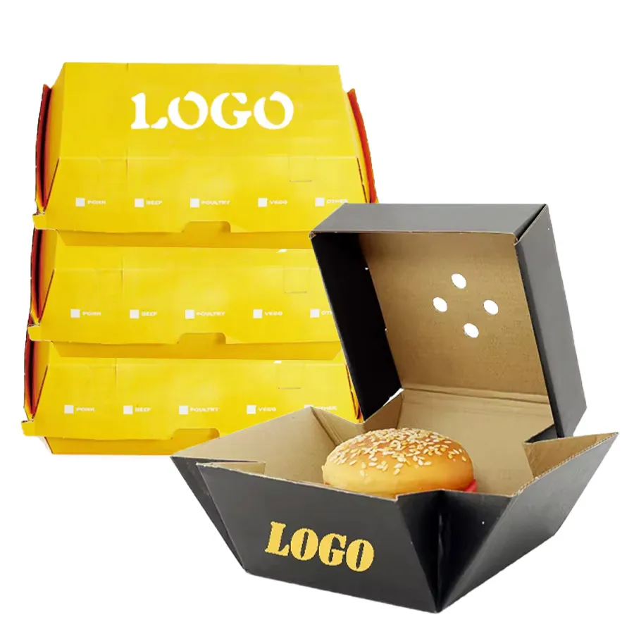 Custom Logo Corrugated Paper Food Grade Fast Food Hot Dog Box Long Clamshell Burger Box Paper Food Container Sandwich Packaging