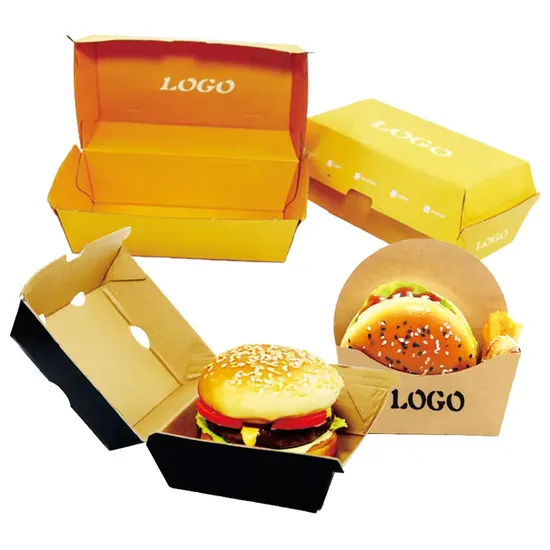 Custom Logo Corrugated Paper Food Grade Fast Food Hot Dog Box Long Clamshell Burger Box Paper Food Container Sandwich Packaging