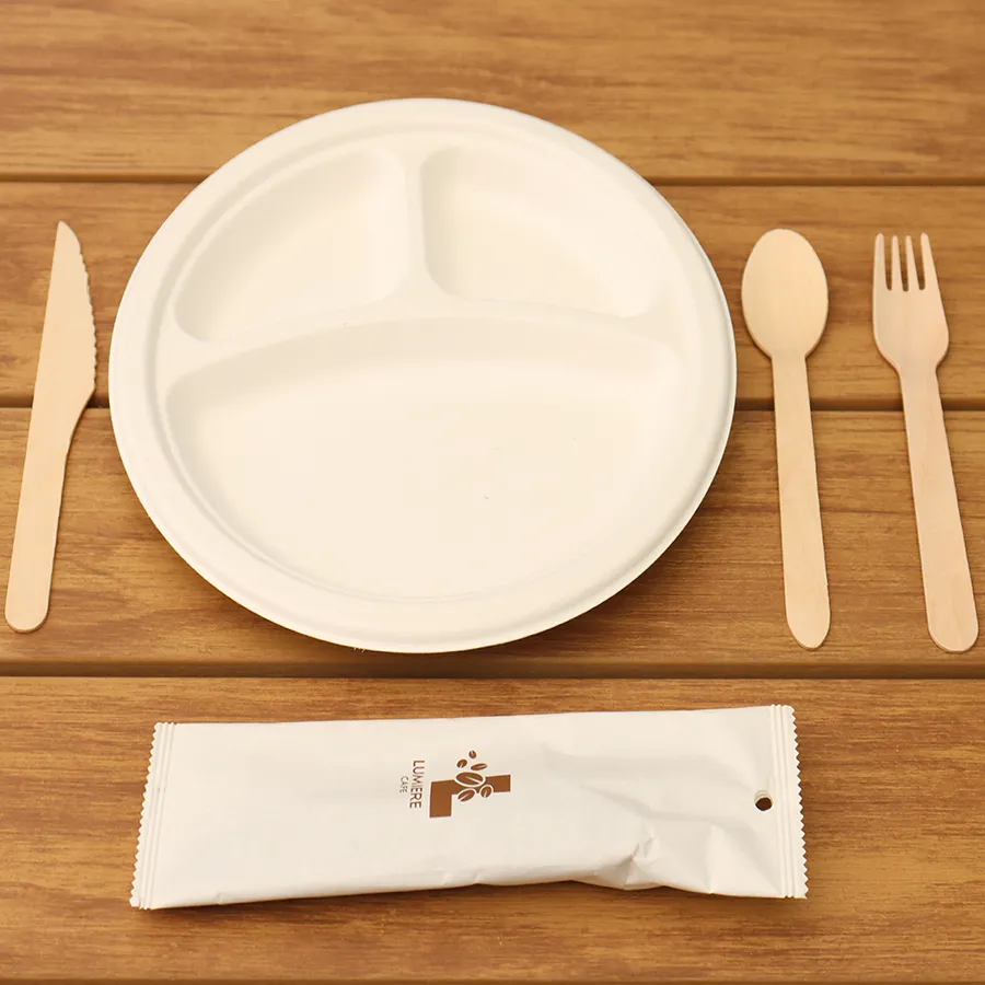 Biodegradable Eco-Pack 3 Compartment Bagasse Plate Sugarcane Round Paper Plates Food Trays