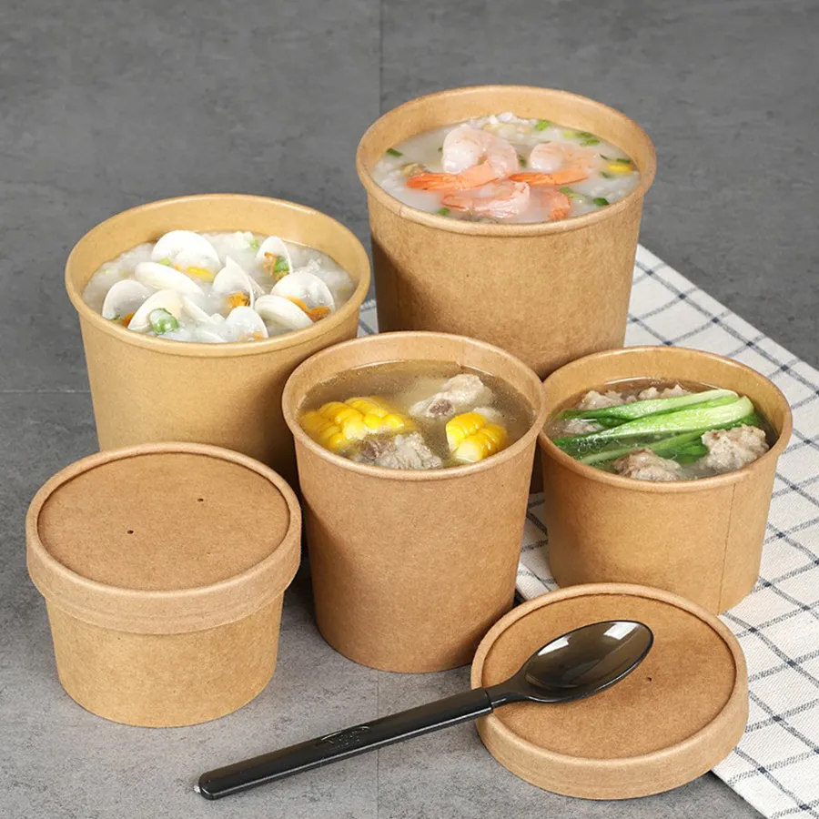 Wholesale Food Grade Disposable Eco-Friendly Customized Printing PE Coating Soup Cup Kraft Cardboard Paper Salad Food Packaging Bowl with Pet Lid