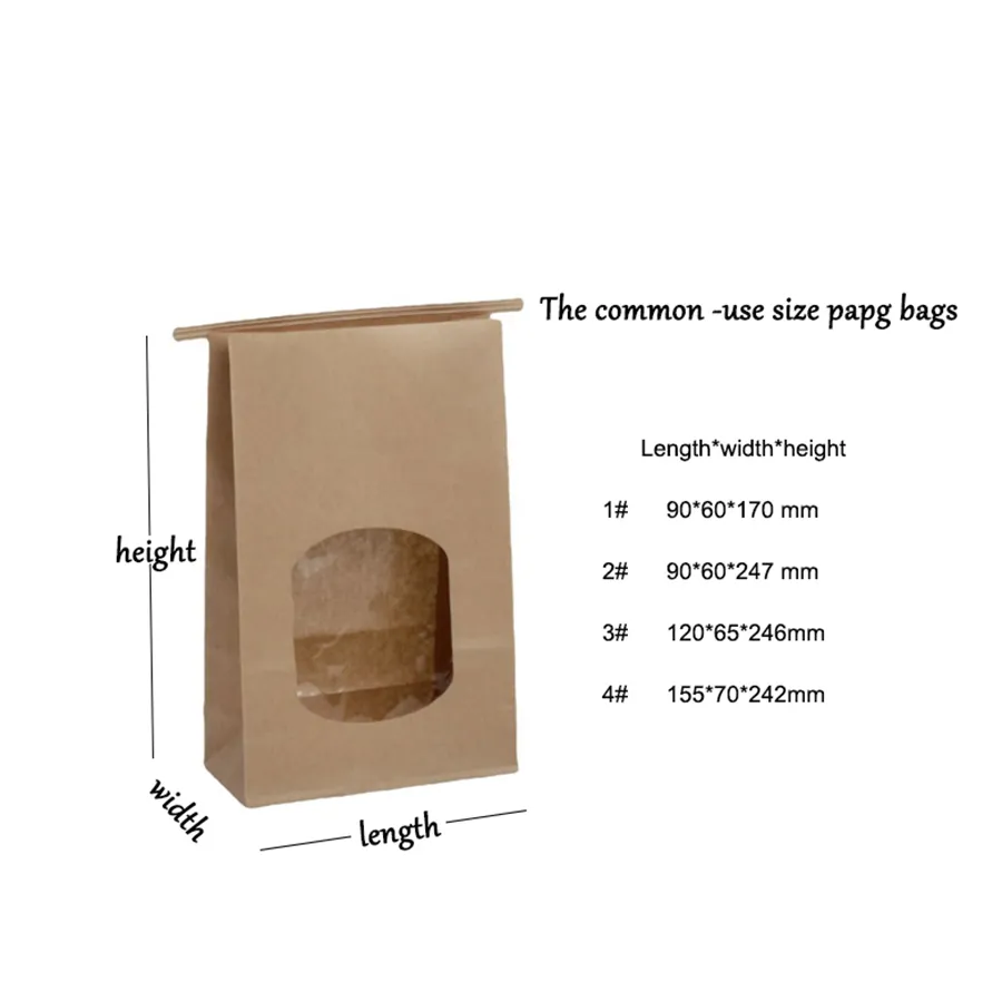Factory Wholesale Customized Transparent Window Kraft Envelope Paper Pouch Baguette Bread Snack Fried Chicken Chip Food Packaging Bag with Portable Handle