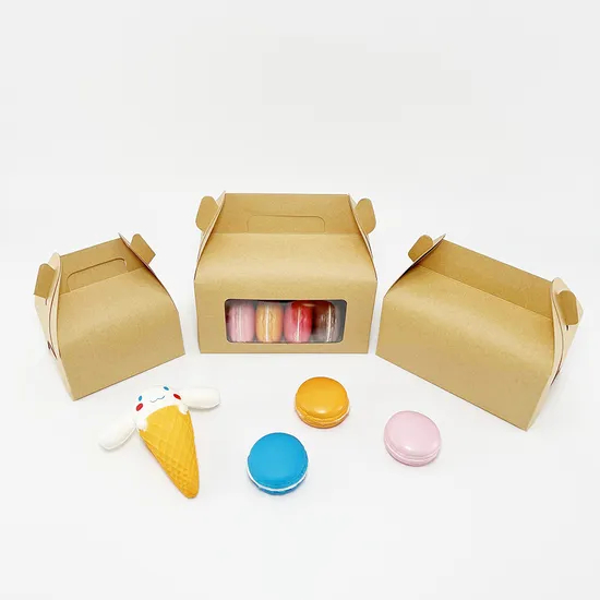 Factory Cheap Custom Printed Logo Food Grade Kraft Cardboard Paper Degradable Wholesale Disposable Transparent Window Packaging Doughnut Cake Box with Handle