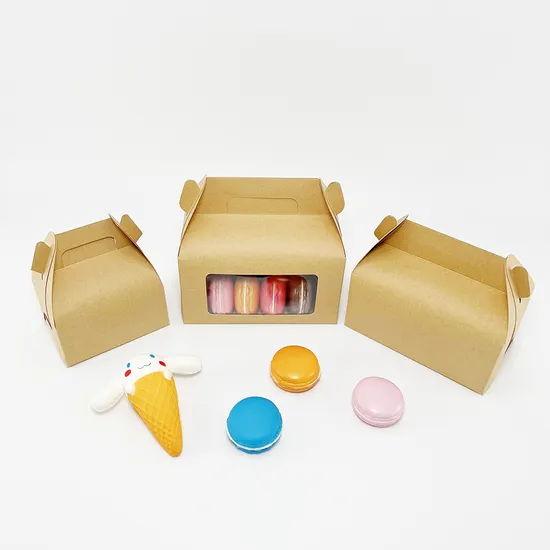 Factory Cheap Custom Printed Logo Food Grade Kraft Cardboard Paper Degradable Wholesale Disposable Transparent Window Packaging Doughnut Cake Box with Handle
