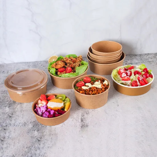 Cheap Wholesale Disposable Food Grade Eco-Friendly Customized Printing Kraft Paper Bagasse Food Salad Packaging Container Bowl Coating Soup Cup with Lid